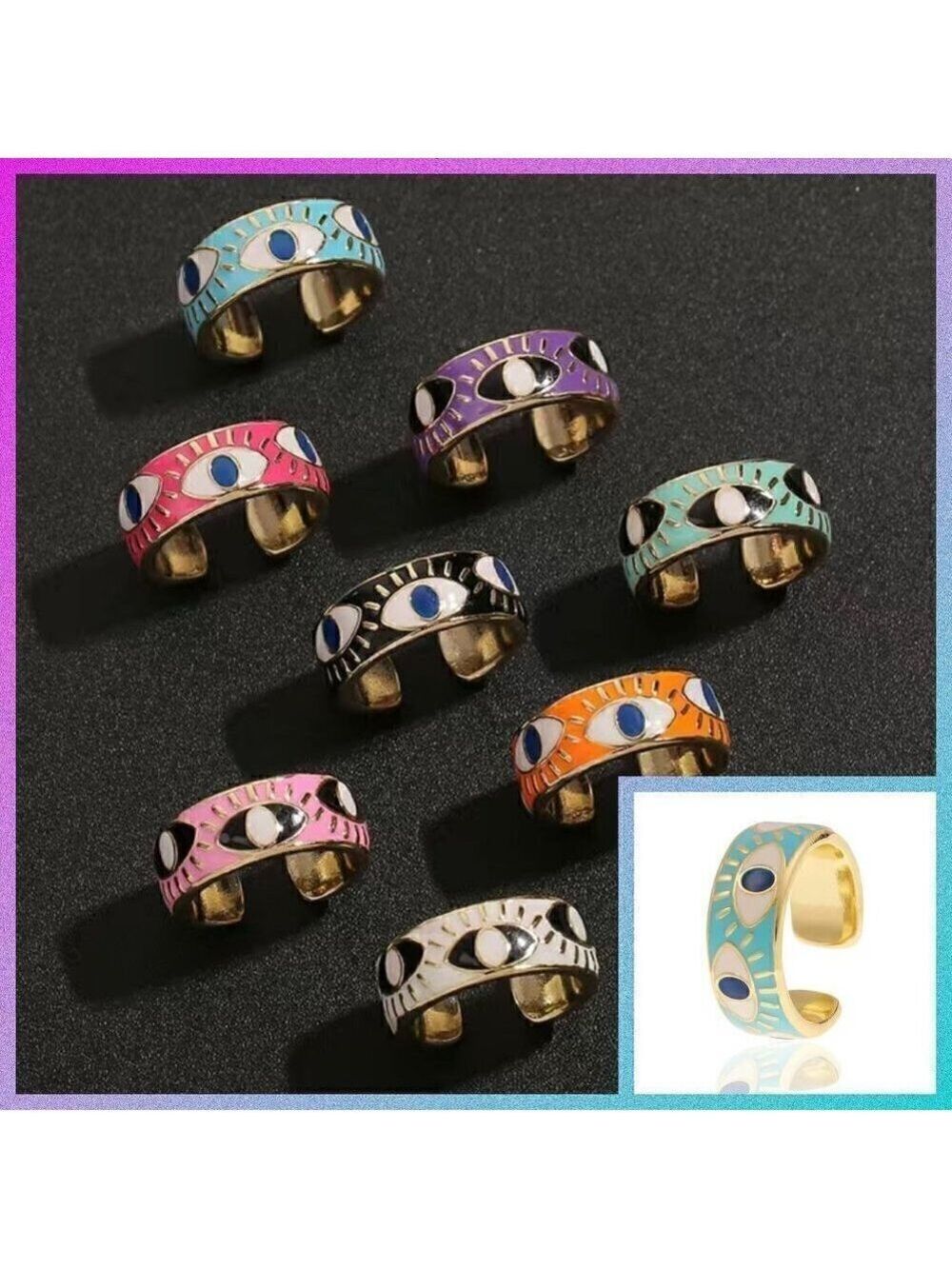 Evil Eye Enamel and Copper Adjustable Ring #1209 LT BLUE